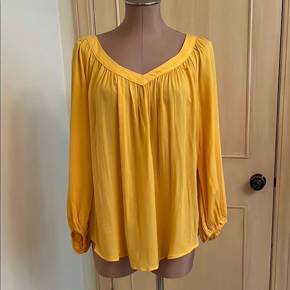 MAEVE NWT Artsy Boho Office Wide V-Neck 3/4 Puff SLV Peasant Goldenrod Top SZ 12